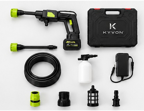 Every KYVON accessory laid out next to the carrying case